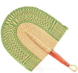 Éventail décoratif en jonc de mer tressé vert beige, fait main, avec motif géométrique, style ethnique traditionnel, pour la maison ou le mur. - Product Image 3