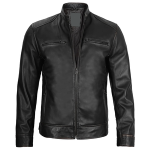 2026 OEM <b>Top</b> Selling Black Cowhide <b>Leather</b> Jacket For Men's Stand Collar Zipper Pockets 100%<b>High</b> Quality Low MOQ Fashion Jackets - Product Image 1