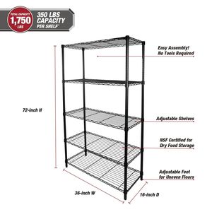 5-<b>Tier</b> Heavy Duty Garage <b>Shelving</b> Unit 36"W X 16"D X 72"H 1750 lb Capacity Black - Product Image 2