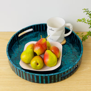PERFECT ENTERPRISES Round Serving Tray, Lacquer Mother of Pearl Inlay Mosaic Tray, Inlay Nacre Ottoman Tray with <b>Handles</b> - Product Image 5