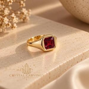 Bague signet ovale en grenat rouge naturel 12x12mm, plaqué rhodium, argent sterling, bague statement unisexe, bijoux en pierres précieuses - Product Image 2
