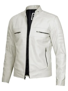 <b>Mens</b> <b>White</b> Cafe Racer Leather <b>Jacket</b> - Product Image 3