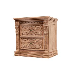 Carved Solid Wood Nightstand with Double Drawer, Handcrafted Bedside Table Storage Cabinet, Ornate Wooden Side Table for Bedroom - Product Image 2