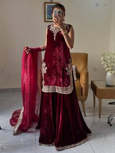 Indian Bollywood Women's Wedding Wear Designer Viscose Velvet Suit Embroidery Chine Sequences Work <b>Top</b> Palazzo <b>Net</b> Dupatta - Product Image 1