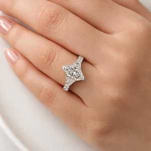 Anillo de compromiso de diamante cultivado en laboratorio con corte marquesa y princesa holandeses, oro macizo de 10K, 14K, 18K, anillo trapezoidal y pavé princesa, color E - Product Image 1