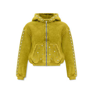 Sweat à capuche pour homme style streetwear, zippé, en coton délavé à l'acide, orné de perles et pierres précieuses, en vente - Product Image 4