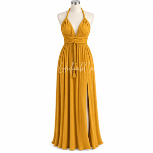 Vestido Maxi Amarillo Mostaza con Cuello Halter, Cintura Ajustable con Lazo, Tela Suave Texturizada, Abertura Lateral, Vestido Fluido para Verano, Playa, Fiesta Nocturna - Product Image 1