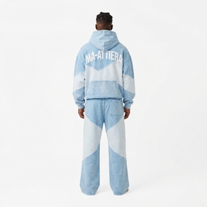 <b>Mens</b> <b>Light</b> Blue Acid Wash Color Block Zip <b>Jacket</b> Wide Leg Pants Tracksuit Set Custom Streetwear Casual Fashion Look - Product Image 2