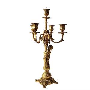 Candélabre antique doré à 5 bras, porte-bougie avec base figurine, décoration de table de luxe vintage - Product Image 1