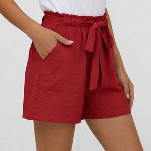 Pantalones cortos informales para mujer, cintura alta, cintura elástica con cordón y bolsillos, ajuste holgado, color sólido - Product Image 3