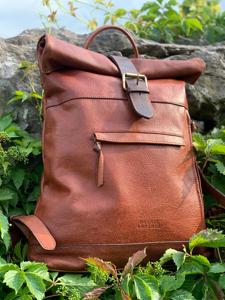 Handcrafted <b>Brown</b> Leather Roll Top <b>Backpack</b> Retro Style Travel Bag Genuine Leather School Rucksack Custom LTBP-0009 - Product Image 2