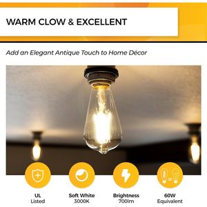 Lampadina LED Vintage Edison Dimmerabile 6W Equivalente a 60W, Luce Bianca Calda 3000K, Attacco E26, 700LM, Certificata UL, Alto CRI 95+ - Product Image 4