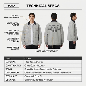 Chaqueta de Trabajo Personalizada de Gran Tamaño, 12oz, Lona Reciclada, Color Gris Paloma, Cuello de Pana, Estilo Urbano, OEM - Product Image 5
