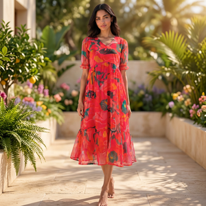 Vestido midi de gasa con estampado floral rojo para mujer, estilo bohemio, holgado, de manga corta, para playa, primavera, verano, al aire libre - Product Image 1