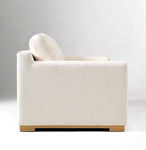 Canapé 3 places en lin blanc bio moderne, style minimaliste, avec coussin de banquette individuelle et pieds bas en chêne naturel - Product Image 4