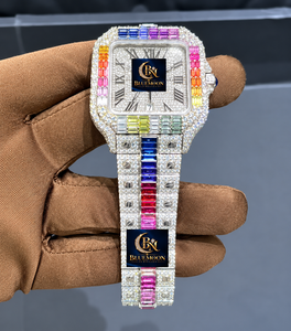 Montre de luxe de haute qualité, carrée, entièrement sertie de diamants, pierres précieuses arc-en-ciel, chiffres romains, acier inoxydable, analogique, mécanique, alarme GPS - Product Image 2