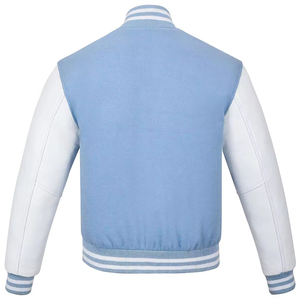 Unisex Light Blue and White Hooded Varsity <b>Jacket</b> Patchwork Cartoon Print Front Logo Wool Shell - Product Image 2