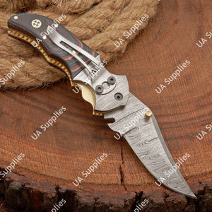 Cuchillo Plegable de Acero de Damasco de Lujo Personalizado - Mango de Micarta Exótica con Detalles de Latón, Cuchillo de Bolsillo EDC, Funda de Cuero, Venta al por Mayor - Product Image 2
