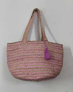 Sac cabas en paille rose rayé style bohème avec pompon, sac à main de plage décontracté pour femme, ouvert, léger, deux poignées - Product Image 6