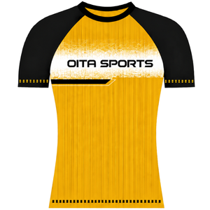 Maillot de sport raglan jaune doré et noir à manches courtes, col rond, respirant, pour entraînement athlétique, uniforme d'équipe, performance sportive - Product Image 1