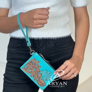 High Quality Turquoise Tooled Leather <b>Slim</b> <b>Card</b> <b>Holder</b> Clutch Western Style Genuine Leather Floral Coin & Credit <b>Card</b> <b>Holder</b> - Product Image 1
