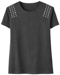 Camiseta de Algodón Gris Oscuro para Mujer, con Pedrería en el Hombro, Estilo Casual, Manga Corta, Top de Verano, Fabricante de Logotipos Personalizados OEM - Product Image 1