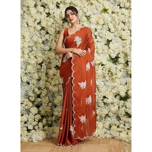 Handmade Embroidery Sequence <b>Saree</b> with Cutwork Border Floral Print Organza Party Wear Fashion Feature - Product Image 2