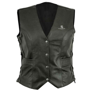 <b>Women</b> Leather Motorcycle <b>Waistcoat</b> V Neck Slim Fit Vintage Biker Vest Sleeveless Outerwear Stylish Pockets Casual Fashion - Product Image 1