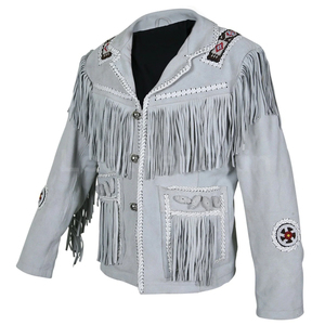 Chaqueta de cuero de gamuza estilo occidental personalizada para mujer con flecos y bordados, manga larga, cuello vuelto, para otoño. - Product Image 1