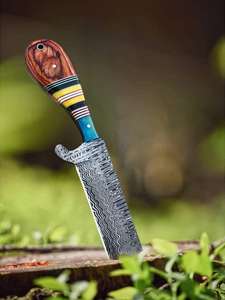 Couteau de chasse artisanal en acier Damas de qualité industrielle, manche en bois, lame droite de 8 pouces, multifonctionnel - Product Image 5