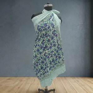 Mint Green Purple Floral Hand Block Printed Cotton <b>Sarong</b> Scarf with Chevron Border Lightweight Beach Wrap for Women - Product Image 2