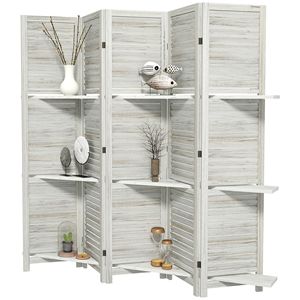 Paravento Artigianale a 5 Pannelli in Legno, Alto 170 cm, con 3 Ripiani e Vano Pieghevole, Bianco Anticato per Camere da Letto - Product Image 1