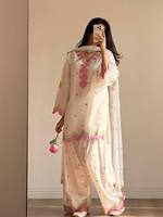 Set Pakaian Pesta Wanita Desainer Baru Mal Chandar Katun Reversibel Elastis Anti Kusut dengan Bordir Mewah Atasan Farshi Palazzo
