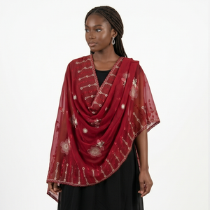 Women's Red <b>Chiffon</b> Shawl Floral Embroidered Lightweight Breathable Ethnic <b>Scarf</b> Daily Wear Hijab Wrap Elegant Style - Product Image 3