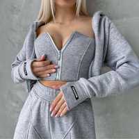 Ensemble de survêtement gris oversize pour femme, léger, avec haut court corset à capuche, pantalon de jogging, fermeture éclair manches longues, couleur unie, décontracté