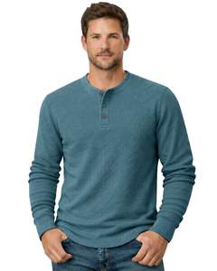 Camiseta térmica de manga larga para hombre, estilo waffle, color azul verdoso, informal, con cuello de botones, para invierno, de algodón, corte ajustado, tela transpirable - Product Image 1