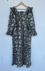 Vestido Maxi de Algodón con Estampado Floral Negro para Mujer, Cuello Cuadrado con Volantes, Manga Larga, Estilo Bohemio, Casual, para Verano - Product Image 5