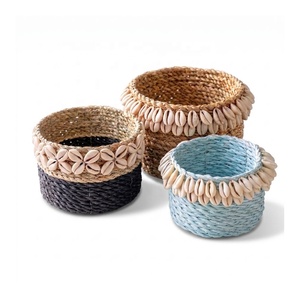 Paniers de rangement rustiques en rotin naturel avec bordure en coquillage, ensemble de paniers décoratifs multi-usages écologiques - Product Image 1