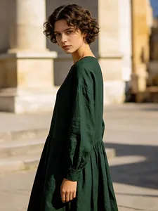Robe longue décontractée pour femme en coton et lin, couleur rouille, coupe ample, manches longues, style bohème à volants - Product Image 3