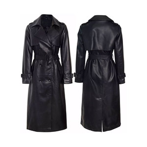 Manteau long en cuir pour femmes avec fausse fourrure, veste longue en cuir noir pour femmes, vente en gros, fabricant OEM - Product Image 1