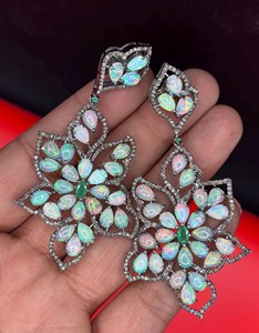 Ethiopian Opal Emerald Diamond Earring Pave Diamond Earrings 925 Sterling Silver Handmade <b>Oxidized</b> Dongle Diamond Earring - Product Image 4