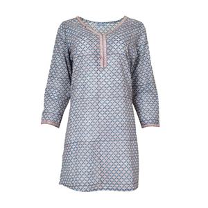 SALE Long KURTA <b>TOP</b> All Sizes Style 2 Teal Blue & Reddish Brown with White Scallop Design Round Neck Long Sleeve Casual <b>Top</b> - Product Image 2