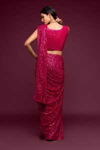 Sari de Georgette con Lentejuelas Magenta Rosa, Bordado Completo, de Lujo, Estilo Tradicional Indio, para Cóctel, Fiesta, Noche, Boda, Venta al por Mayor - Product Image 2