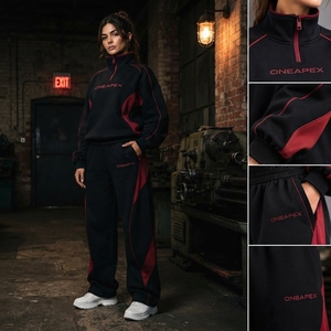 <b>Women's</b> Black Red Quarter Zip Tracksuit Set Sportswear Pullover Sweatshirt <b>Jogger</b> Pants Casual Athletic Two Piece <b>Outfit</b> - Product Image 5