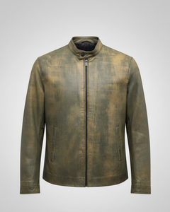 Men's Washed Olive Green Leather Moto <b>Jacket</b> Stand Collar Zipper Closure <b>Slim</b> <b>Fit</b> Regular Length Autumn Style - Product Image 1