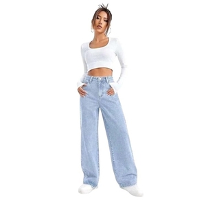 Jean taille haute à jambes larges pour femme, mélange de coton, coupe droite, denim, tendance, confortable, tenue décontractée - Product Image 1