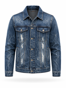 Veste en jean bleue pour homme, fermeture boutonnée, coupe classique, lavage délavé, style décontracté, vêtement d'automne, tissu 100% coton tissé - Product Image 1