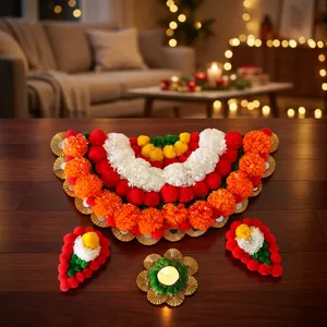 Handmade Artificial Marigold Flower Rangoli Decoration with <b>Tealight</b> <b>Holders</b> for Diwali Wedding Festival Home Decor - Product Image 1