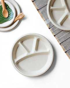 Assiette ronde en bagasse naturelle de 11 pouces, 4 compartiments, écologique, en canne à sucre, jetable, biodégradable, vente en gros - Product Image 2