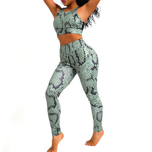 Snake Print Yoga Set High Waist Leggings Racerback Crop Top 2 Piece Activewear Spandex Polyester Full Length Animal Pattern - Product Image 1
